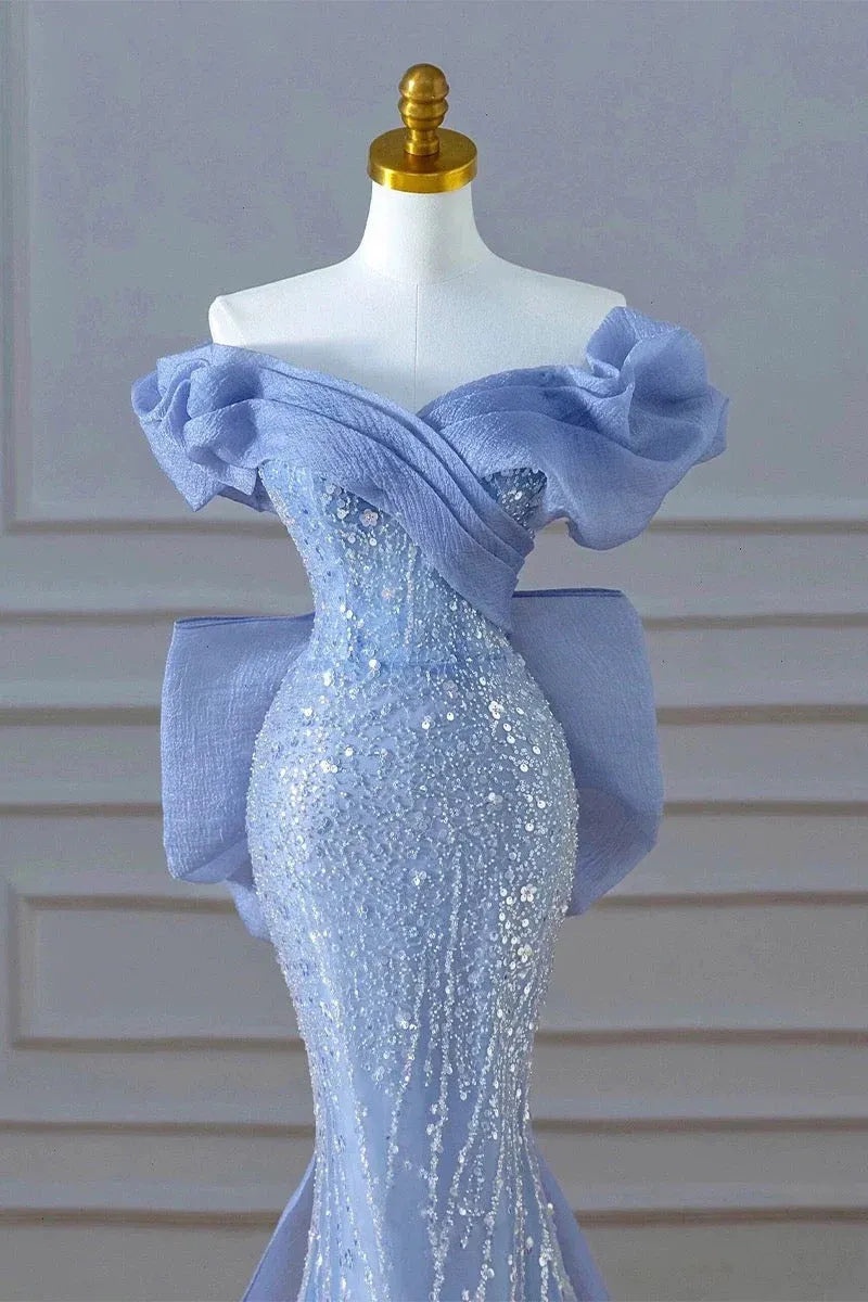 Glamorous Mermaid Off Shoulder Sequin Bow Blue Long Evening Dresses