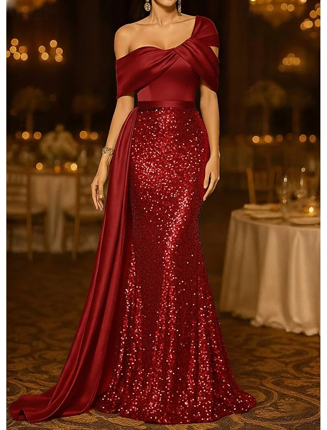 Glamorous Mermaid One-Shoulder Sequin Embellished Burgundy Floor-Length Evening Dress For Women