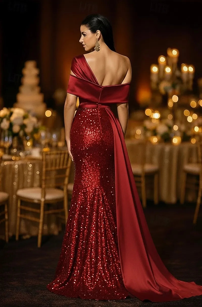 Glamorous Mermaid One-Shoulder Sequin Embellished Burgundy Floor-Length Evening Dress For Women
