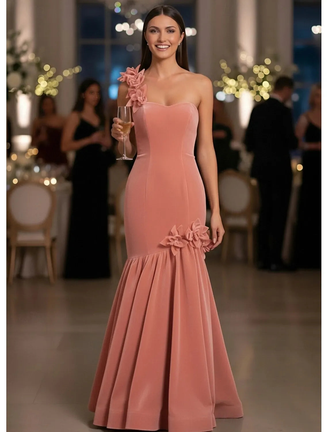 Glamorous Mermaid One Shoulder 3D Floral Applique Dusty Rose Evening Dress For Sale