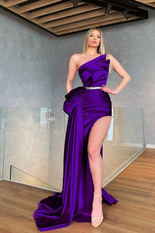 Chic Mermaid Asymmetrical Neck Bow Slit Olive Train Evening Dress For Ladies For Sale