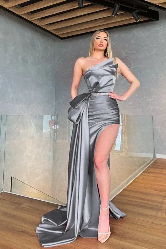 Chic Mermaid Asymmetrical Neck Bow Slit Olive Train Evening Dress For Ladies For Sale