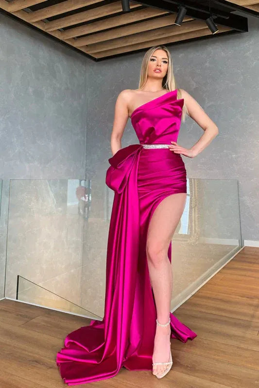 Chic Mermaid Asymmetrical Neck Bow Slit Olive Train Evening Dress For Ladies For Sale
