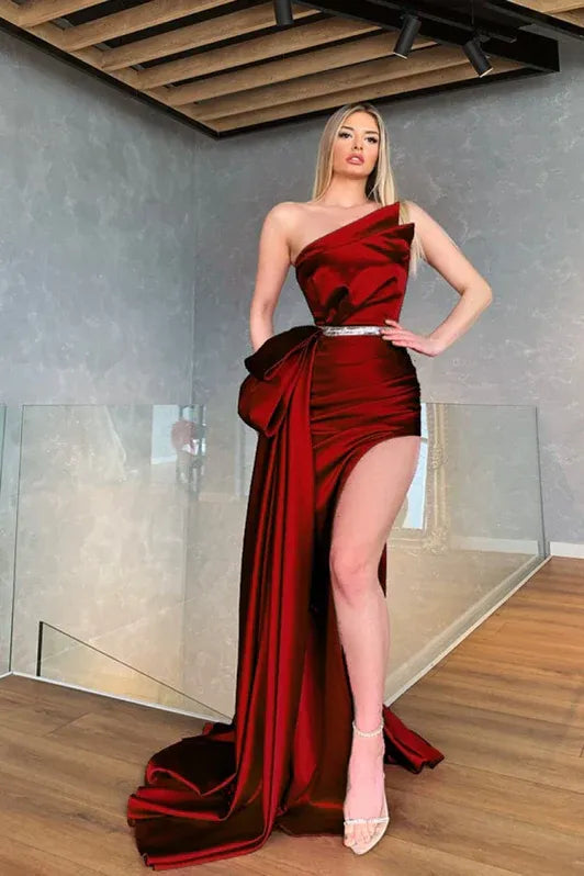 Chic Mermaid Asymmetrical Neck Bow Slit Olive Train Evening Dress For Ladies For Sale
