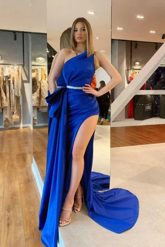 Chic Mermaid Asymmetrical Neck Bow Slit Olive Train Evening Dress For Ladies For Sale