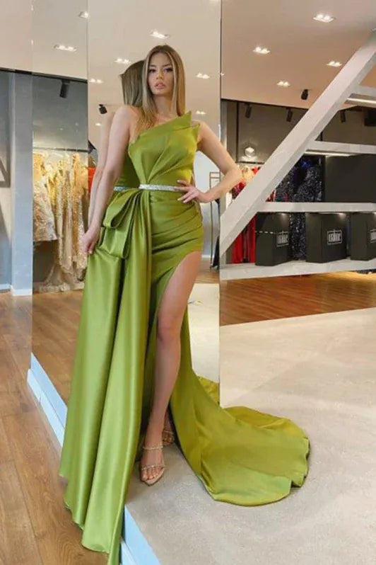 Chic Mermaid Asymmetrical Neck Bow Slit Olive Train Evening Dress For Ladies For Sale