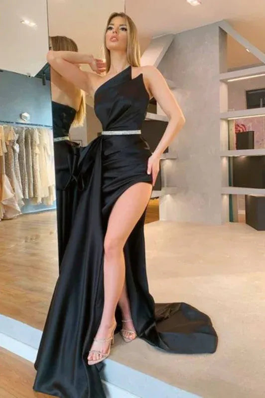 Chic Mermaid Asymmetrical Neck Bow Slit Olive Train Evening Dress For Ladies For Sale