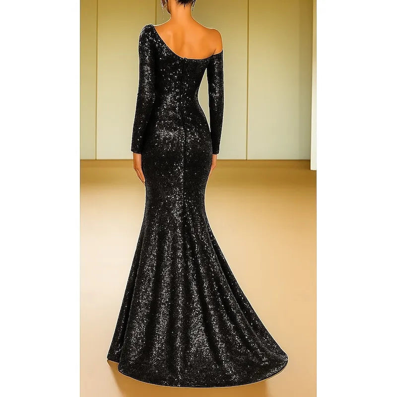 Glamorous Mermaid One Shoulder Long Sleeve Sequin Black Floor Length Evening Dress