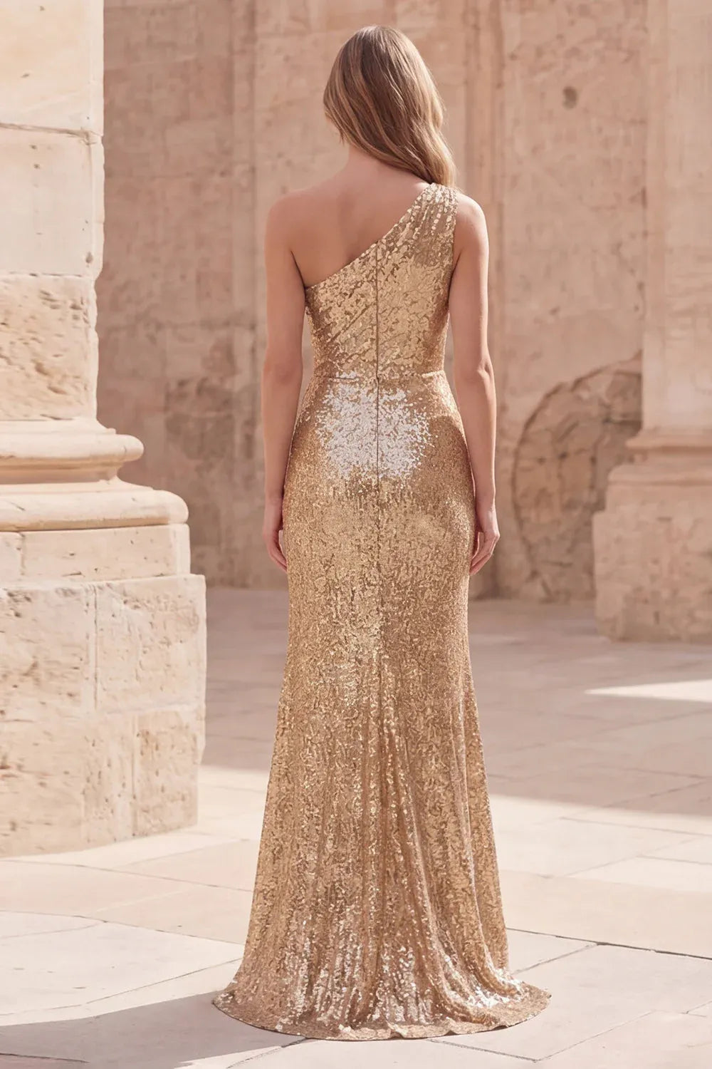 Glamorous Mermaid One Shoulder Ruched Sequin Gold Maxi Prom Dress With Slit