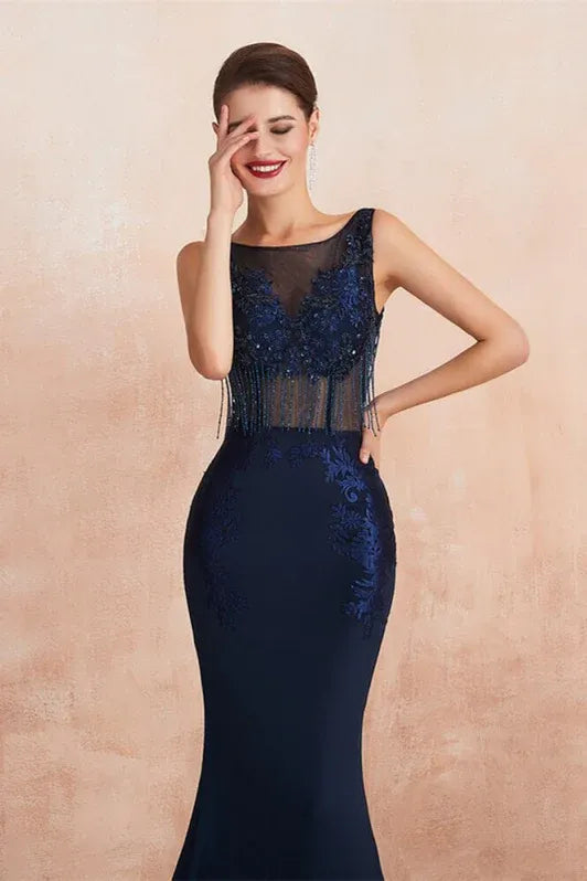 Glamorous Mermaid Scoop Neck Fringed Beaded Navy Floor-Length Evening Dress For Women