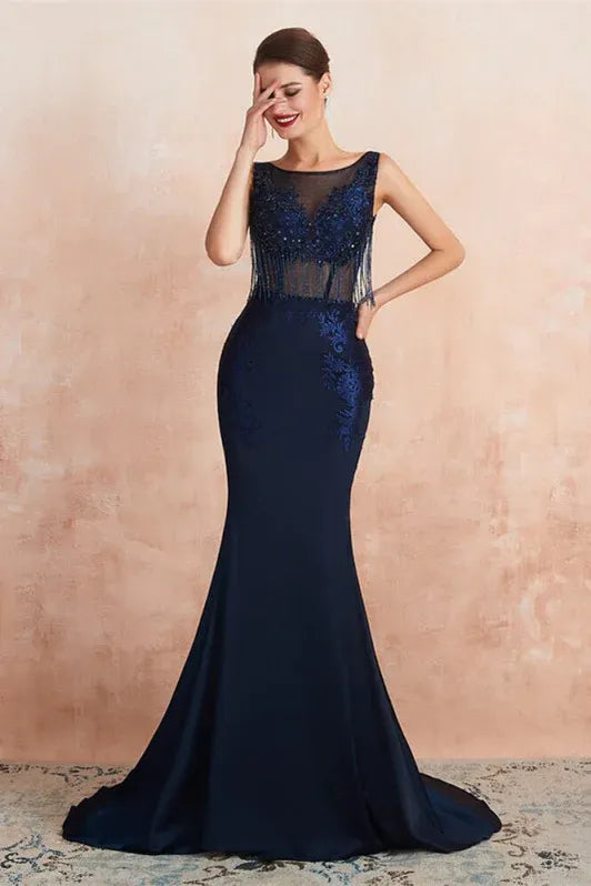 Glamorous Mermaid Scoop Neck Fringed Beaded Navy Floor-Length Evening Dress For Women