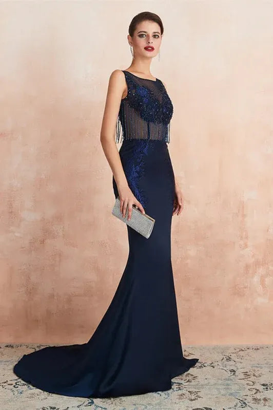 Glamorous Mermaid Scoop Neck Fringed Beaded Navy Floor-Length Evening Dress For Women