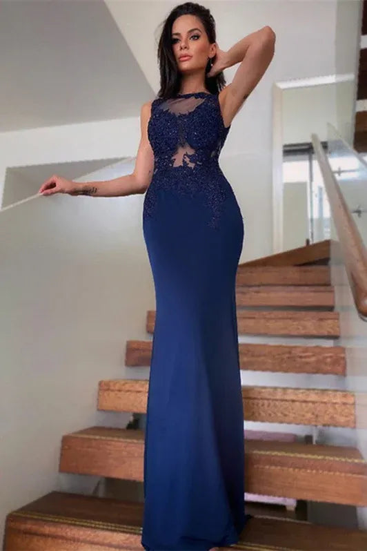 Glamorous Mermaid Sheer Lace Beaded Navy Train Prom Dress Custom