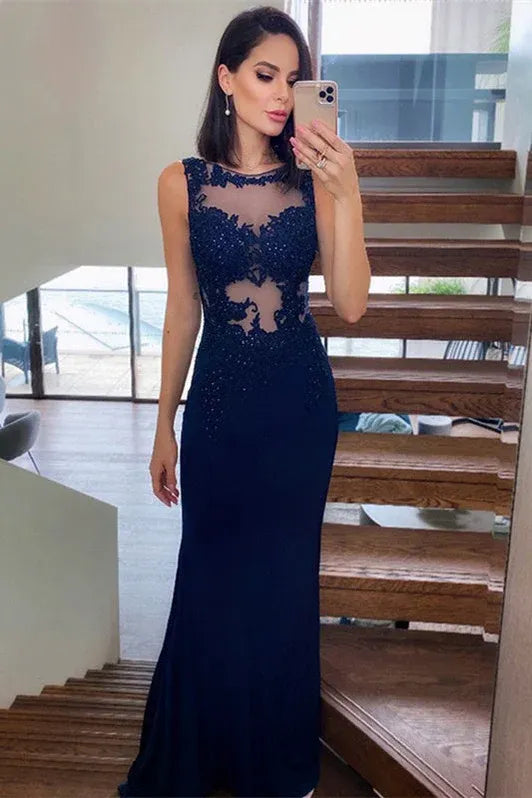 Glamorous Mermaid Sheer Lace Beaded Navy Train Prom Dress Custom