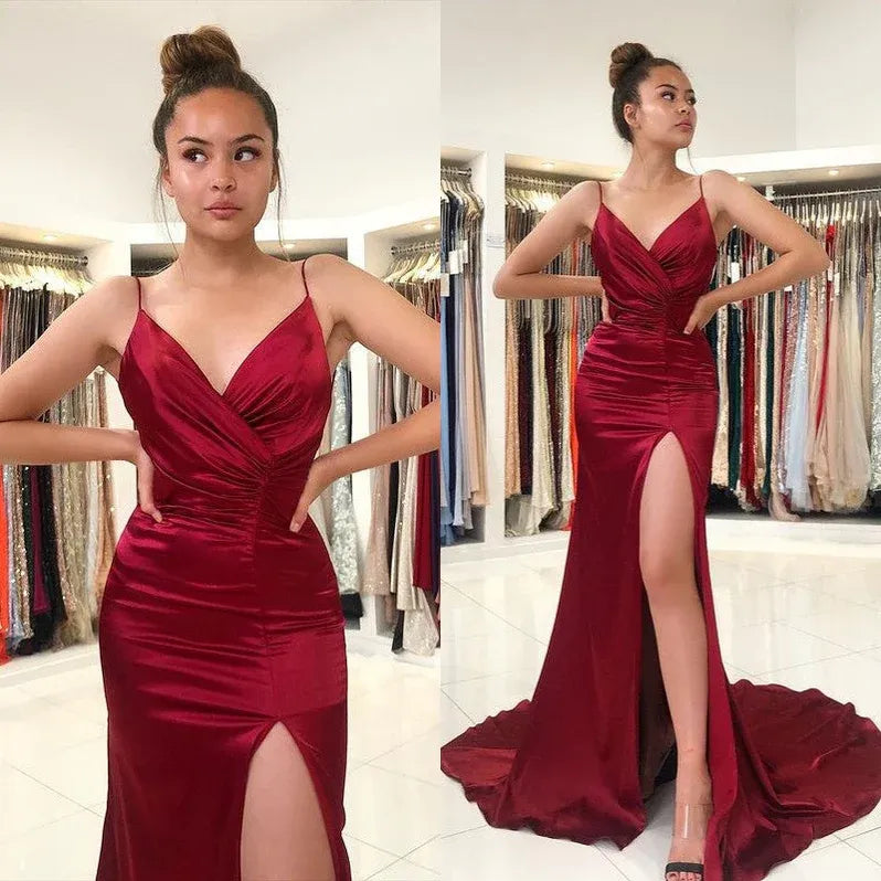 Glamorous Mermaid Spaghetti Ruched Burgundy Train Prom Dress For Female Guests