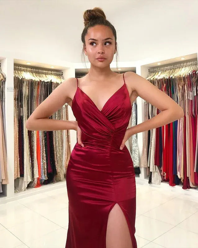 Glamorous Mermaid Spaghetti Ruched Burgundy Train Prom Dress For Female Guests