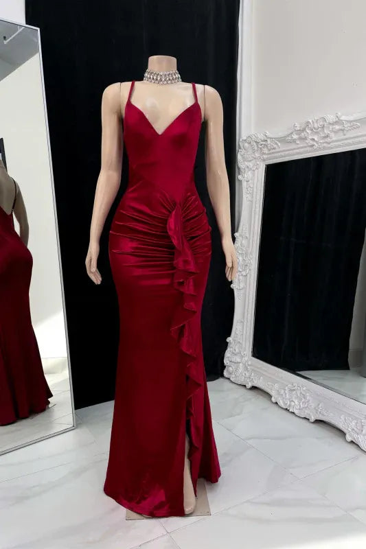 Glamorous Mermaid Spaghetti Ruched Ruffle Slit Red Prom Dress For Sale