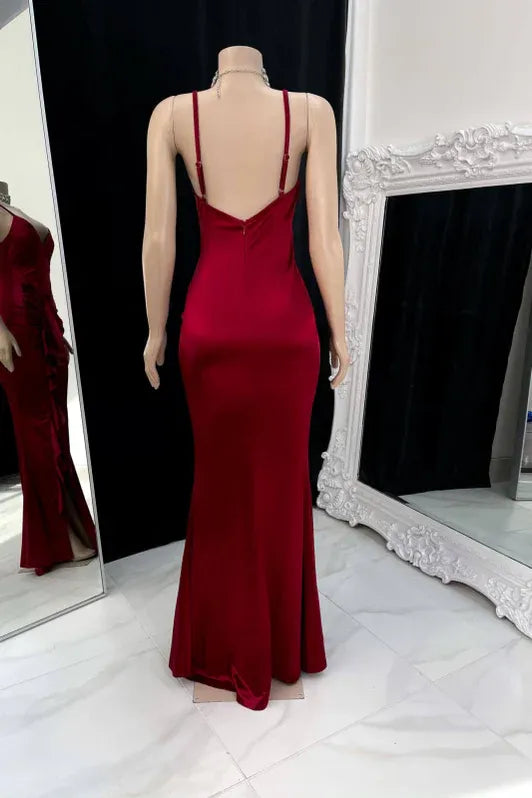 Glamorous Mermaid Spaghetti Ruched Ruffle Slit Red Prom Dress For Sale