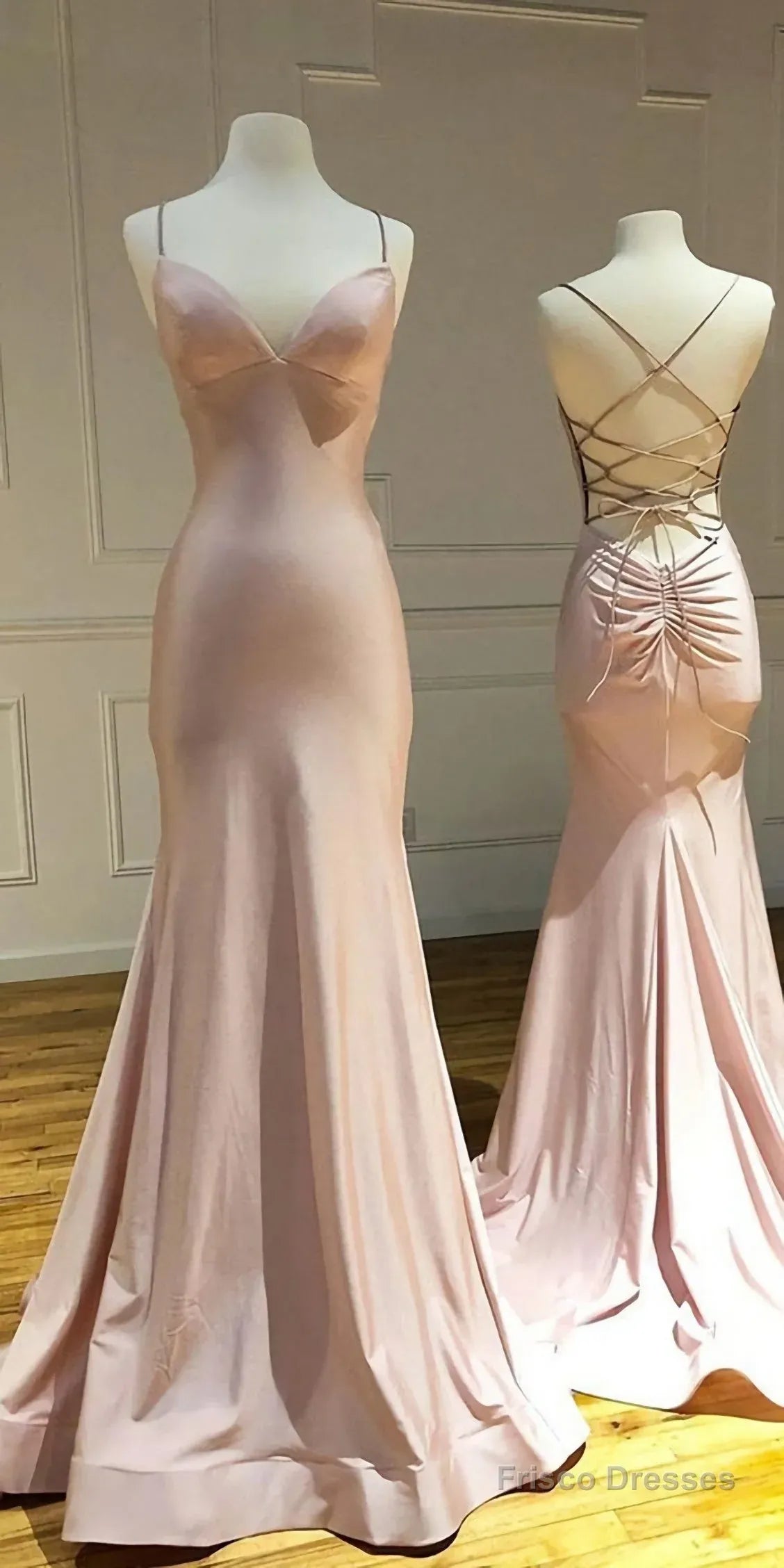 Glamorous Mermaid Spaghetti Strap Lace Up Satin Blush Floor Length Prom Dress