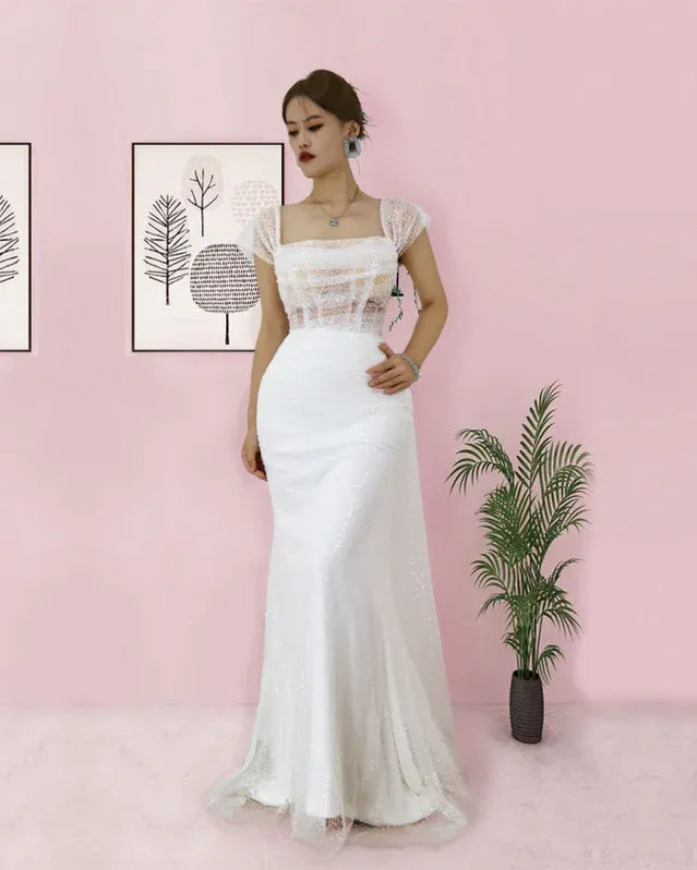 Glamorous Mermaid Square Neck Short Sleeve Sequin Sheer White Floor-Length Prom Dresses