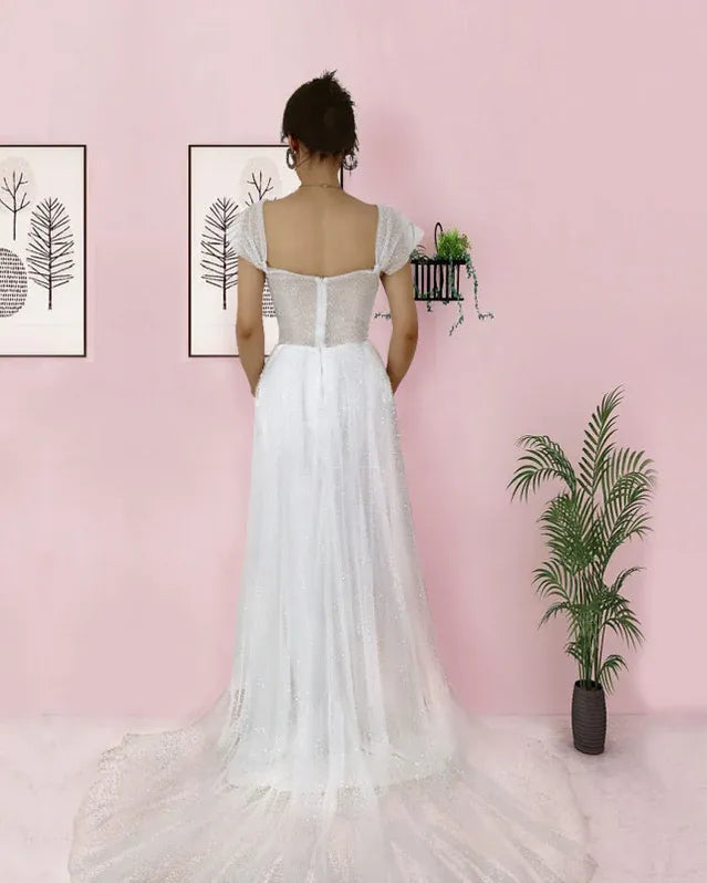 Glamorous Mermaid Square Neck Short Sleeve Sequin Sheer White Floor-Length Prom Dresses