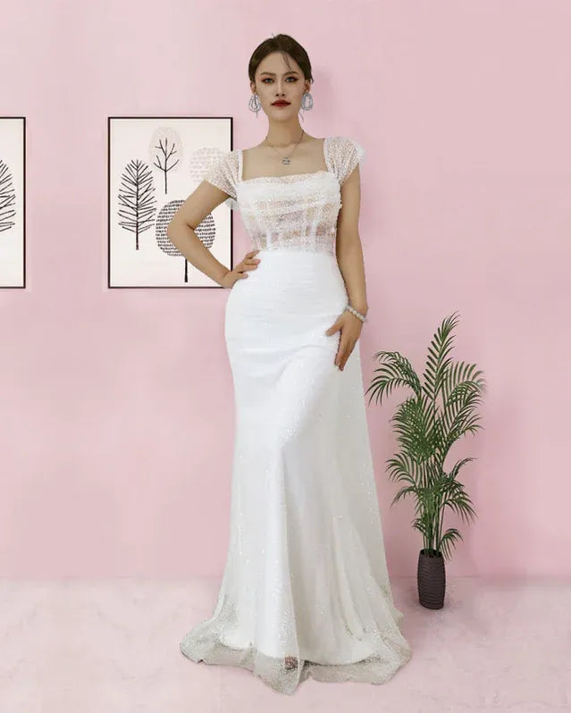 Glamorous Mermaid Square Neck Short Sleeve Sequin Sheer White Floor-Length Prom Dresses