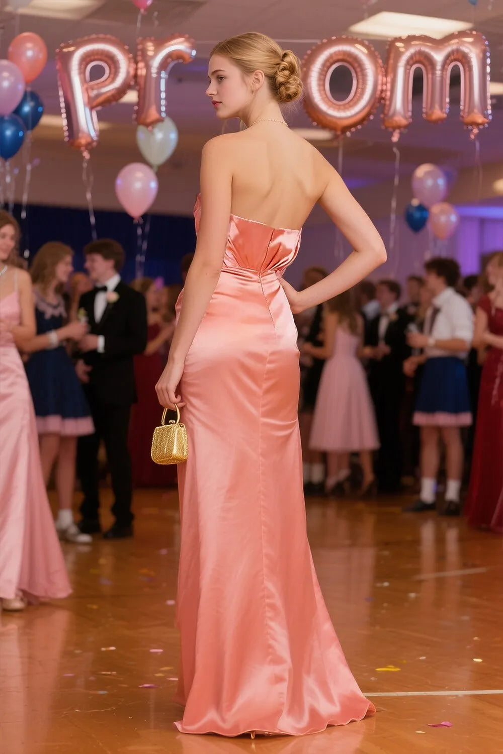 Glamorous A-Line Strapless 3D Floral Satin Peach Floor Length Prom Dress