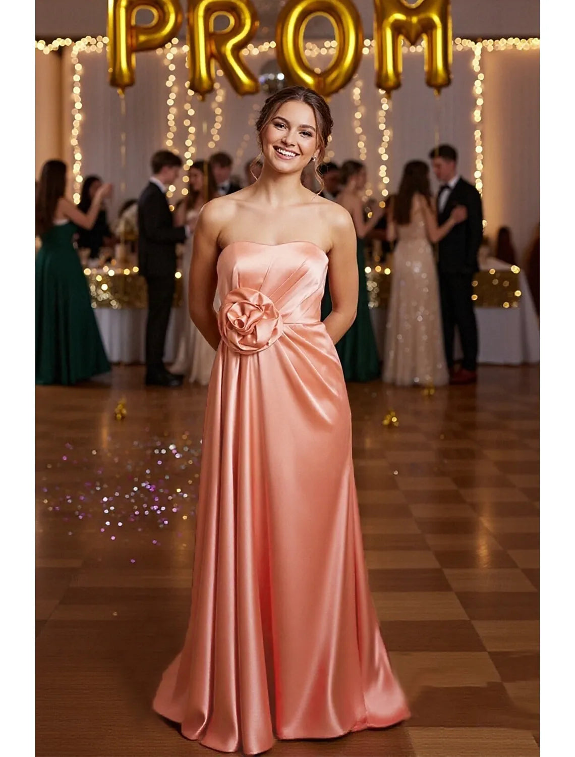 Glamorous A-Line Strapless 3D Floral Satin Peach Floor Length Prom Dress