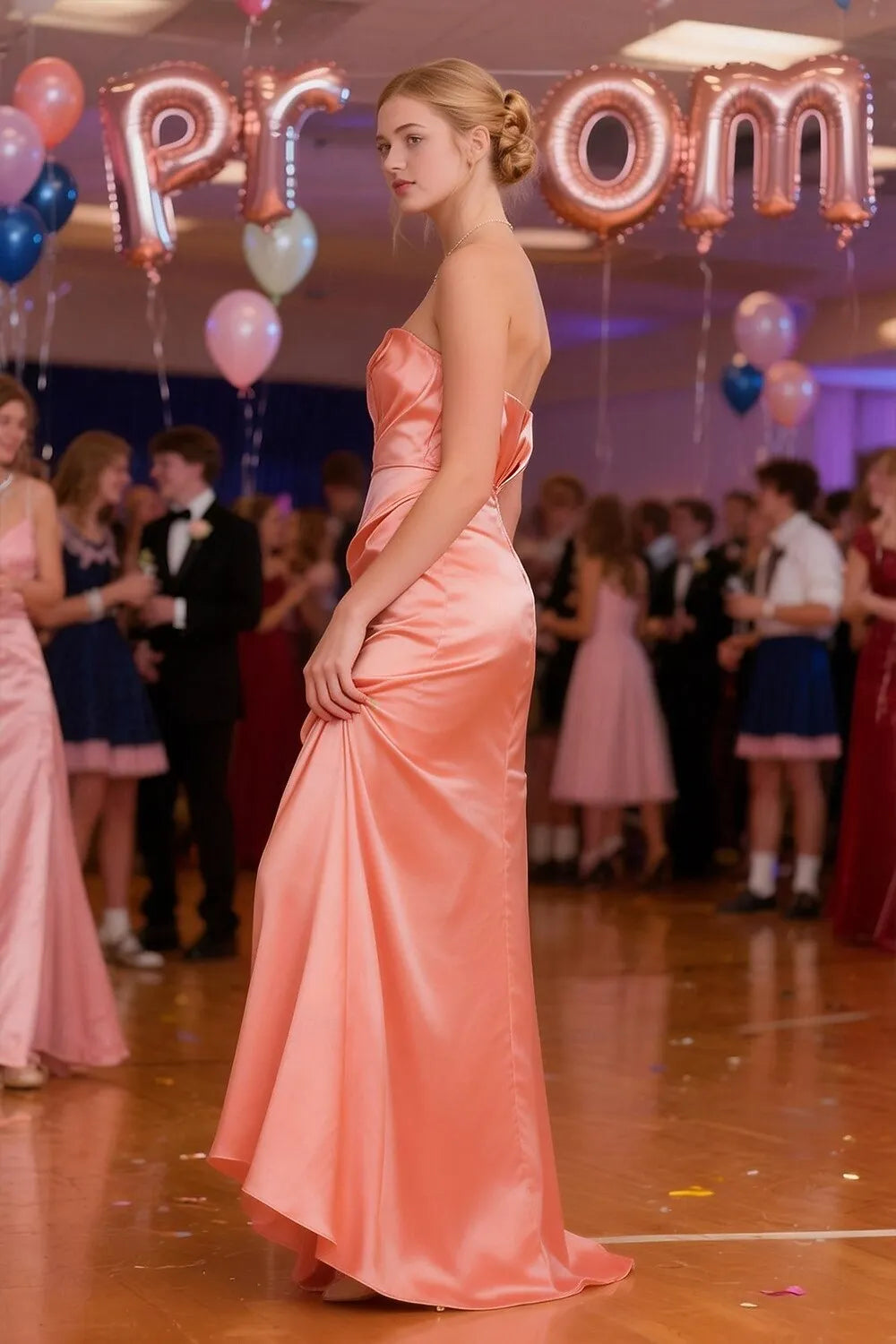 Glamorous A-Line Strapless 3D Floral Satin Peach Floor Length Prom Dress