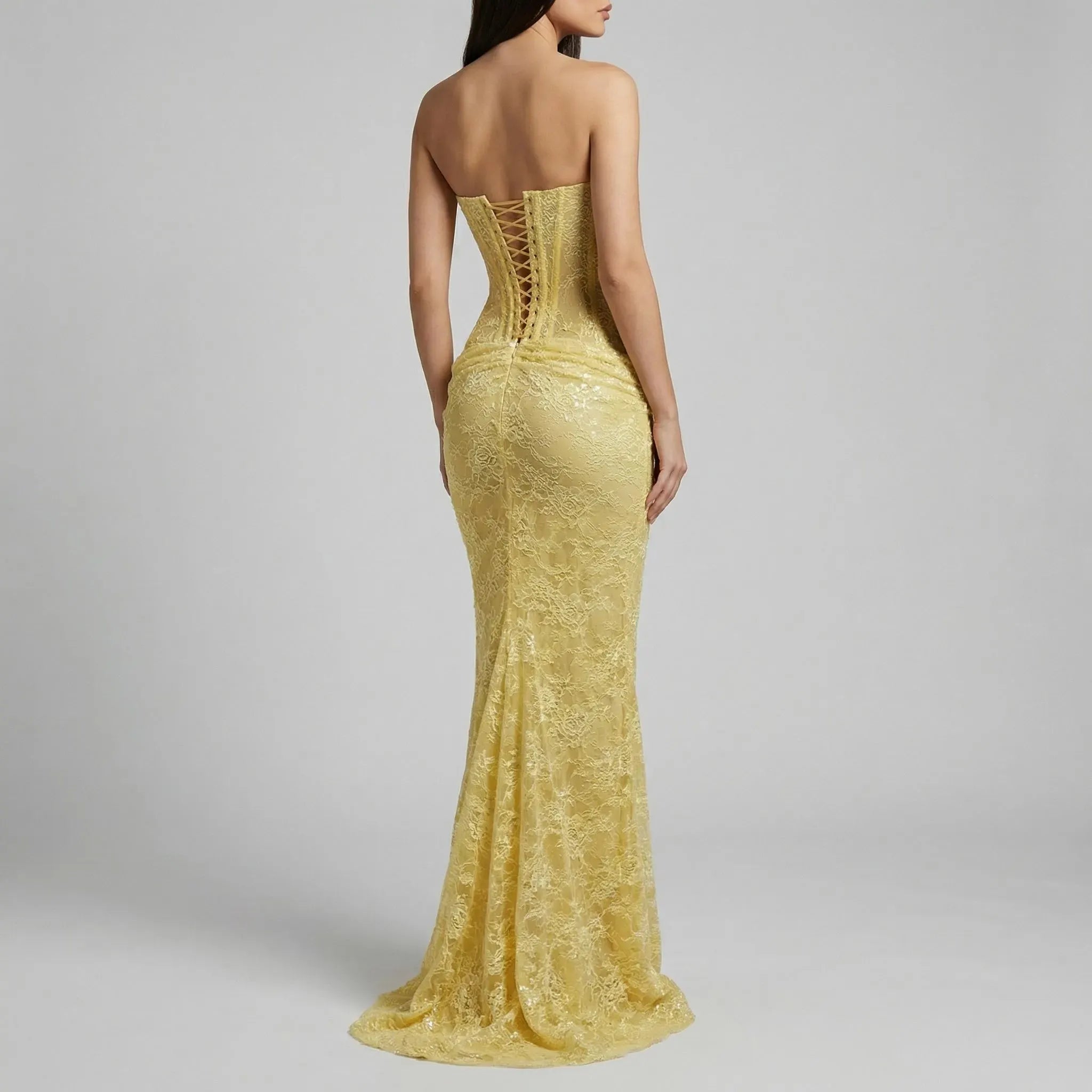 Glamorous Mermaid Strapless Corset Ruched Lace Yellow Prom Dress With High Slit