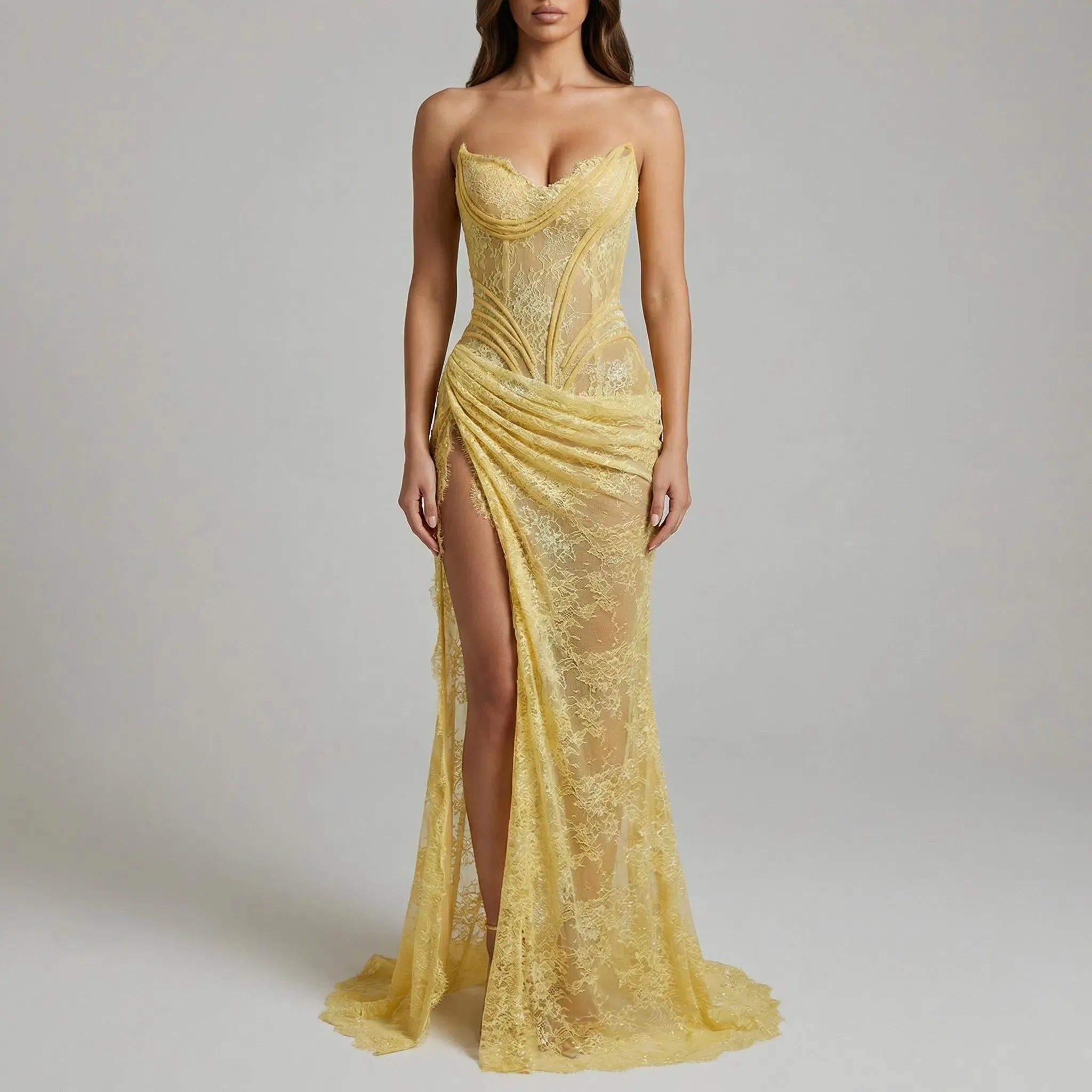 Glamorous Mermaid Strapless Corset Ruched Lace Yellow Prom Dress With High Slit
