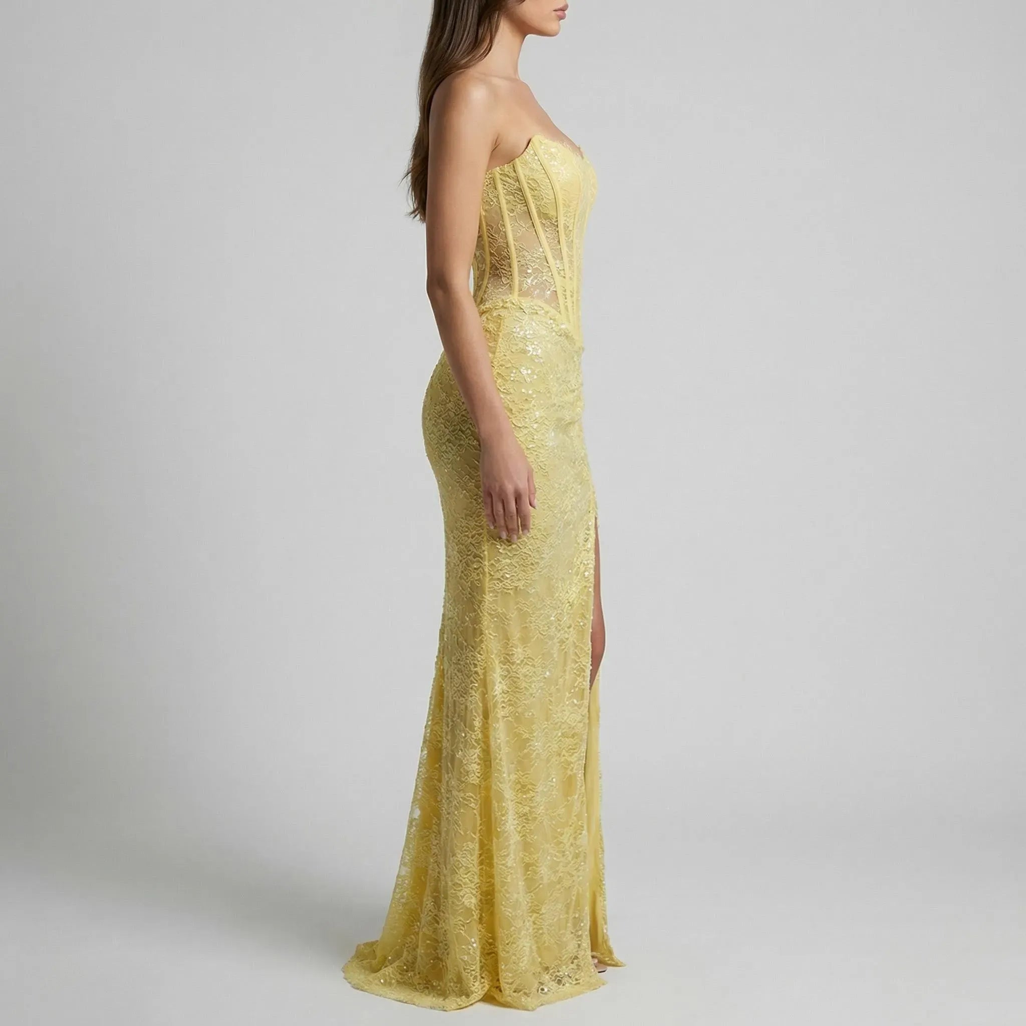 Glamorous Mermaid Strapless Corset Ruched Lace Yellow Prom Dress With High Slit