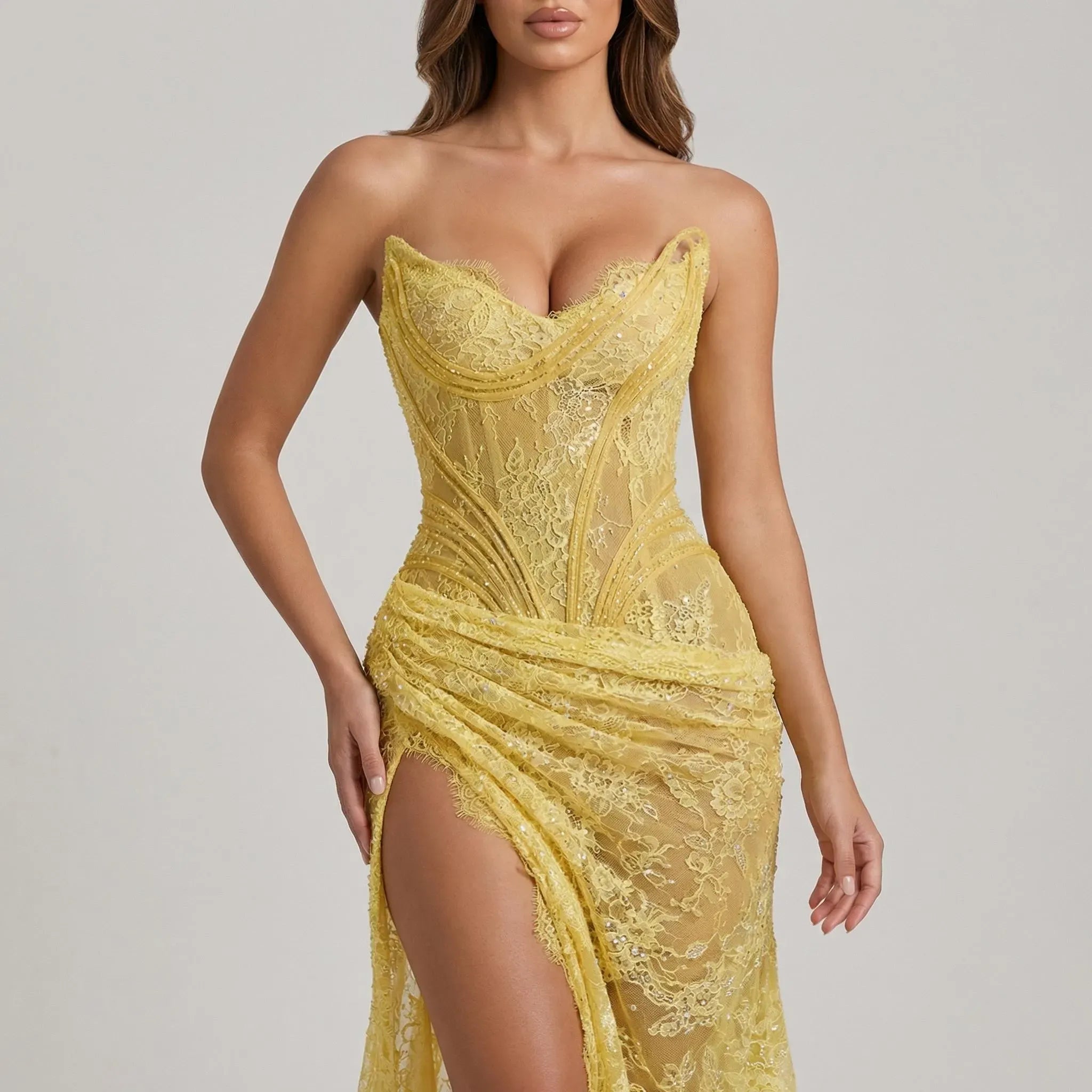 Glamorous Mermaid Strapless Corset Ruched Lace Yellow Prom Dress With High Slit