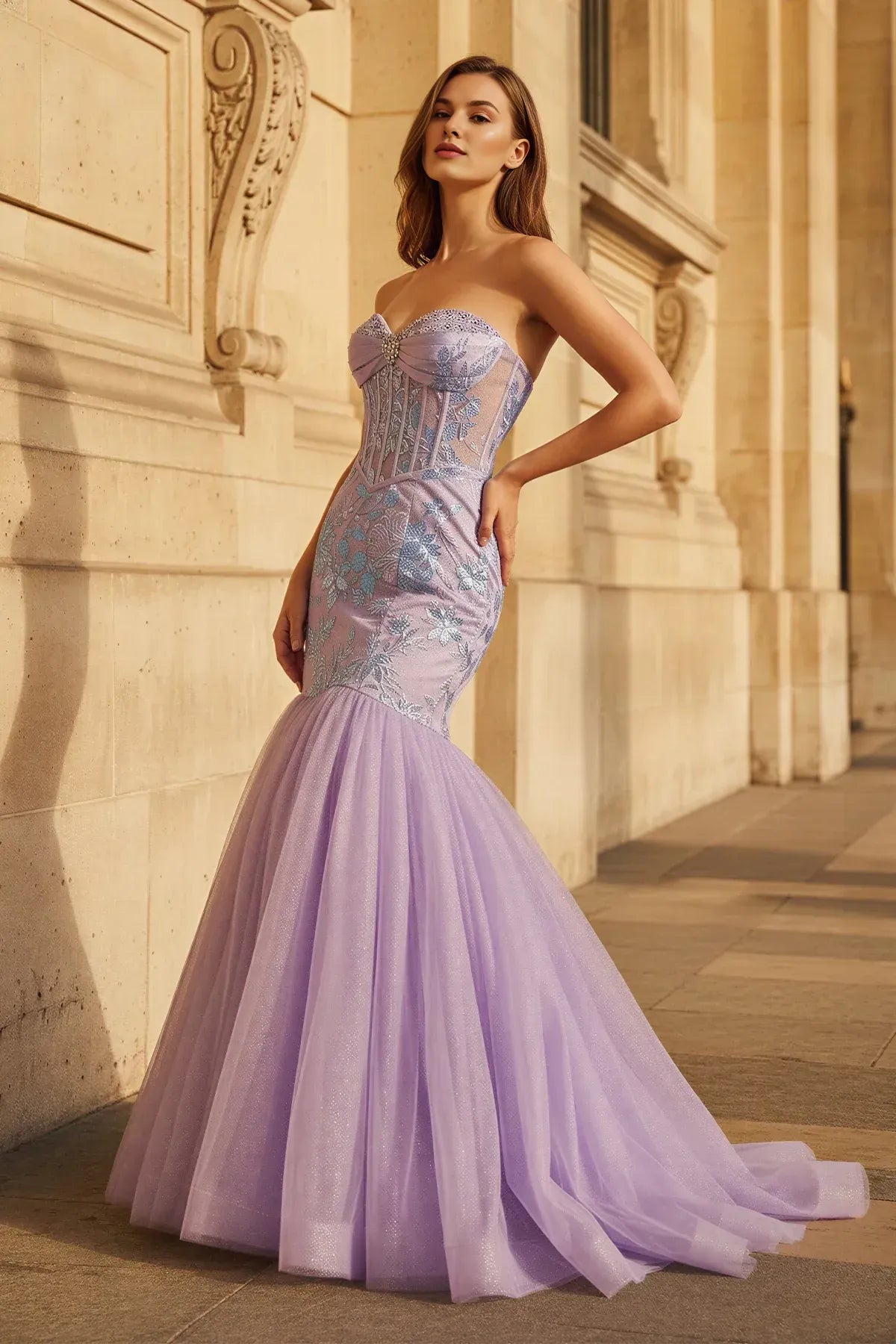 Glamorous Mermaid Strapless Sequins Tulle Lavender Floor-Length Prom Dress for Women
