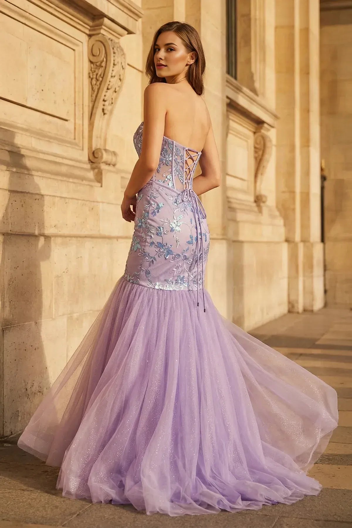 Glamorous Mermaid Strapless Sequins Tulle Lavender Floor-Length Prom Dress for Women