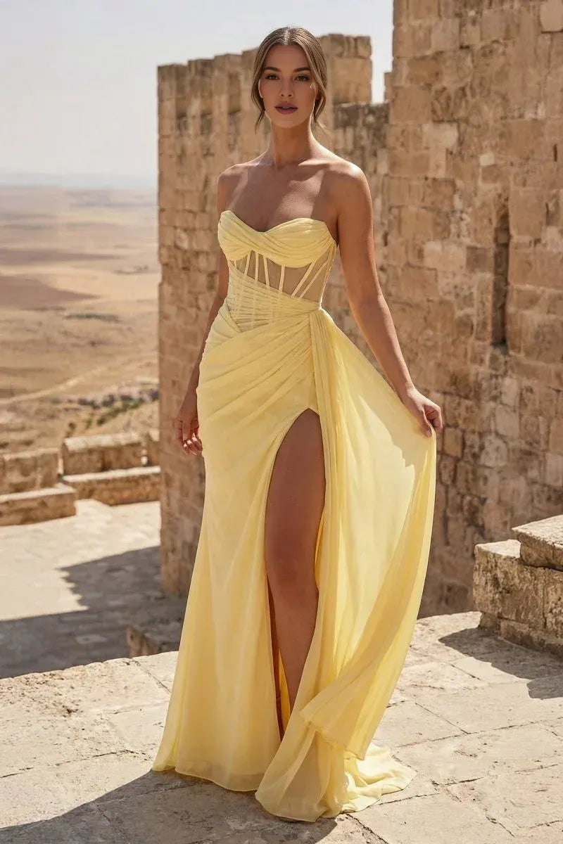 Glamorous Mermaid Strapless Sheer-Panel Chiffon Yellow Floor-Length Prom Dress for Women