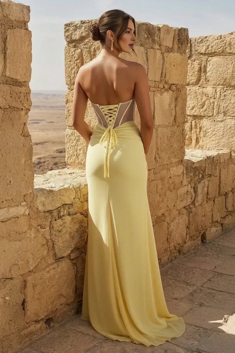 Glamorous Mermaid Strapless Sheer-Panel Chiffon Yellow Floor-Length Prom Dress for Women