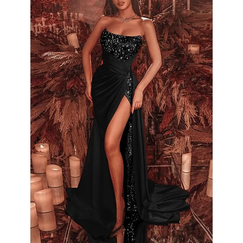 Glamorous Mermaid Strapless Sleeveless Sequin Emerald Green Maxi Evening Dress for Women Hot Sale