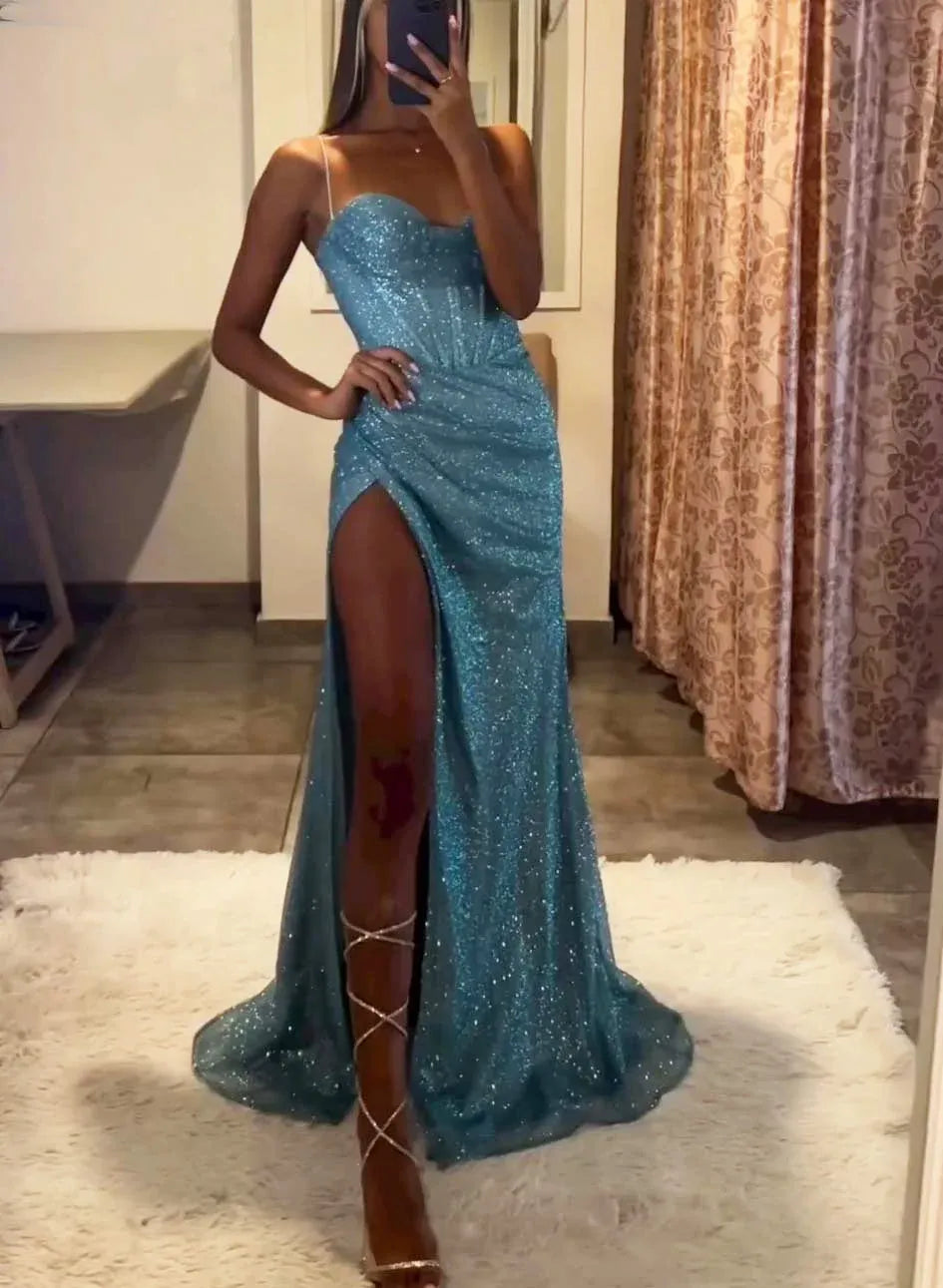 Glamorous Mermaid Sweetheart Corset Ruched Sparkly Sky Blue Floor-Length Prom Dress