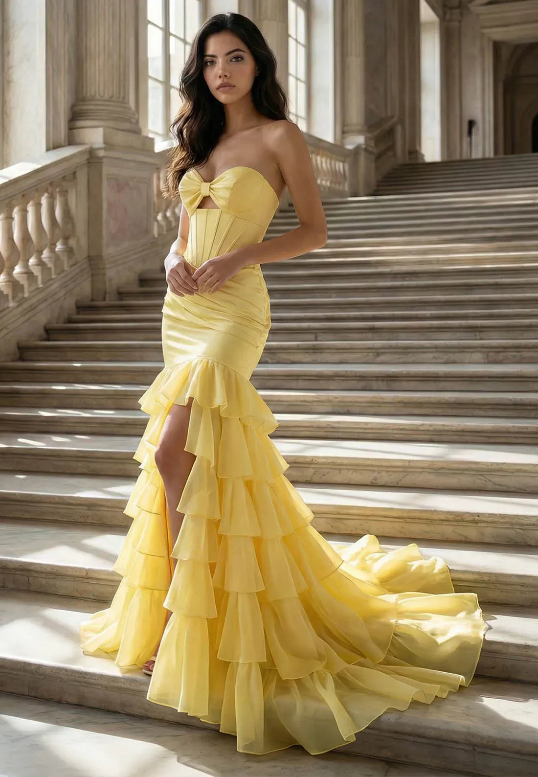 Glamorous Mermaid Sweetheart Corset Tiered Ruffles Yellow Floor-Length Prom Dress