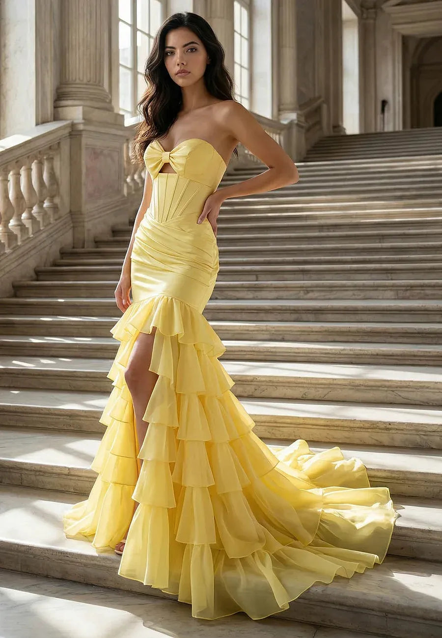 Glamorous Mermaid Sweetheart Corset Tiered Ruffles Yellow Floor-Length Prom Dress