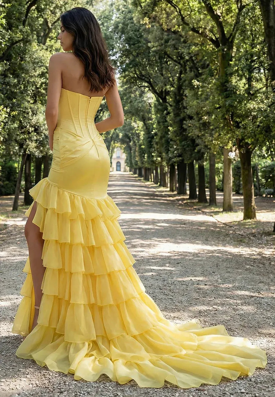 Glamorous Mermaid Sweetheart Corset Tiered Ruffles Yellow Floor-Length Prom Dress