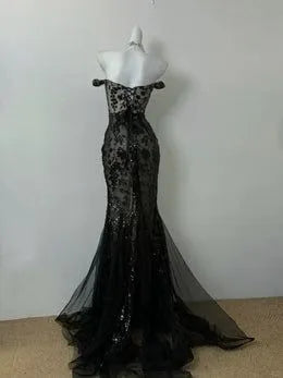 Glamorous Mermaid Sweetheart Lace Sequin Black Long Evening Dresses