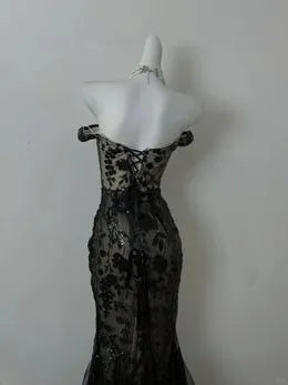 Glamorous Mermaid Sweetheart Lace Sequin Black Long Evening Dresses