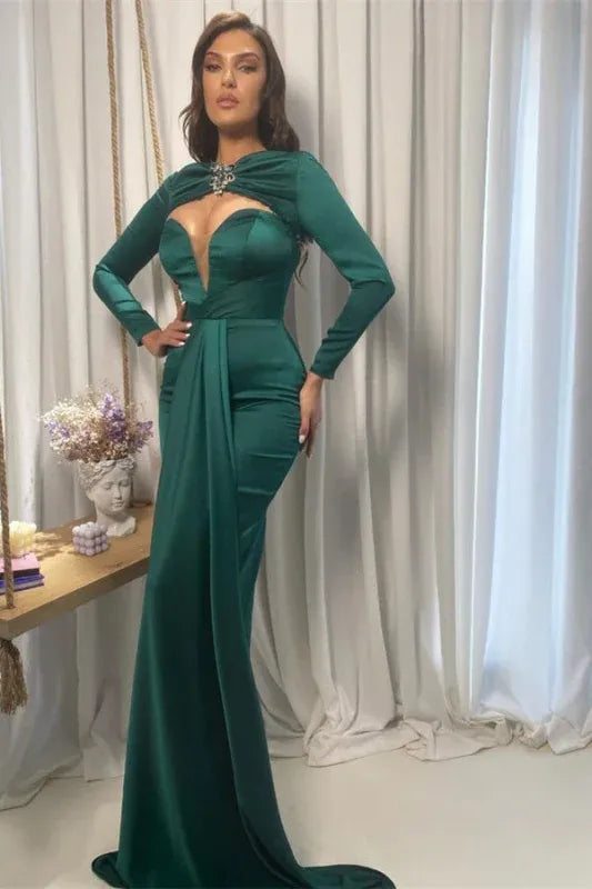Glamorous Mermaid Sweetheart Long-sleeve Embellished Emerald Green Floor-length Prom Dress for Women Ready to Ship