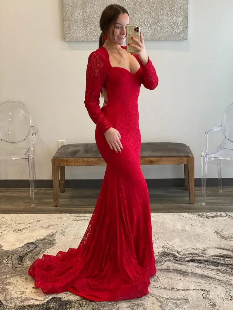 Glamorous Mermaid Sweetheart Long Sleeves Beaded Lace Red Prom Dress With Train