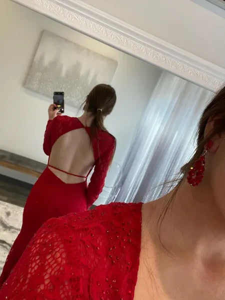 Glamorous Mermaid Sweetheart Long Sleeves Beaded Lace Red Prom Dress With Train