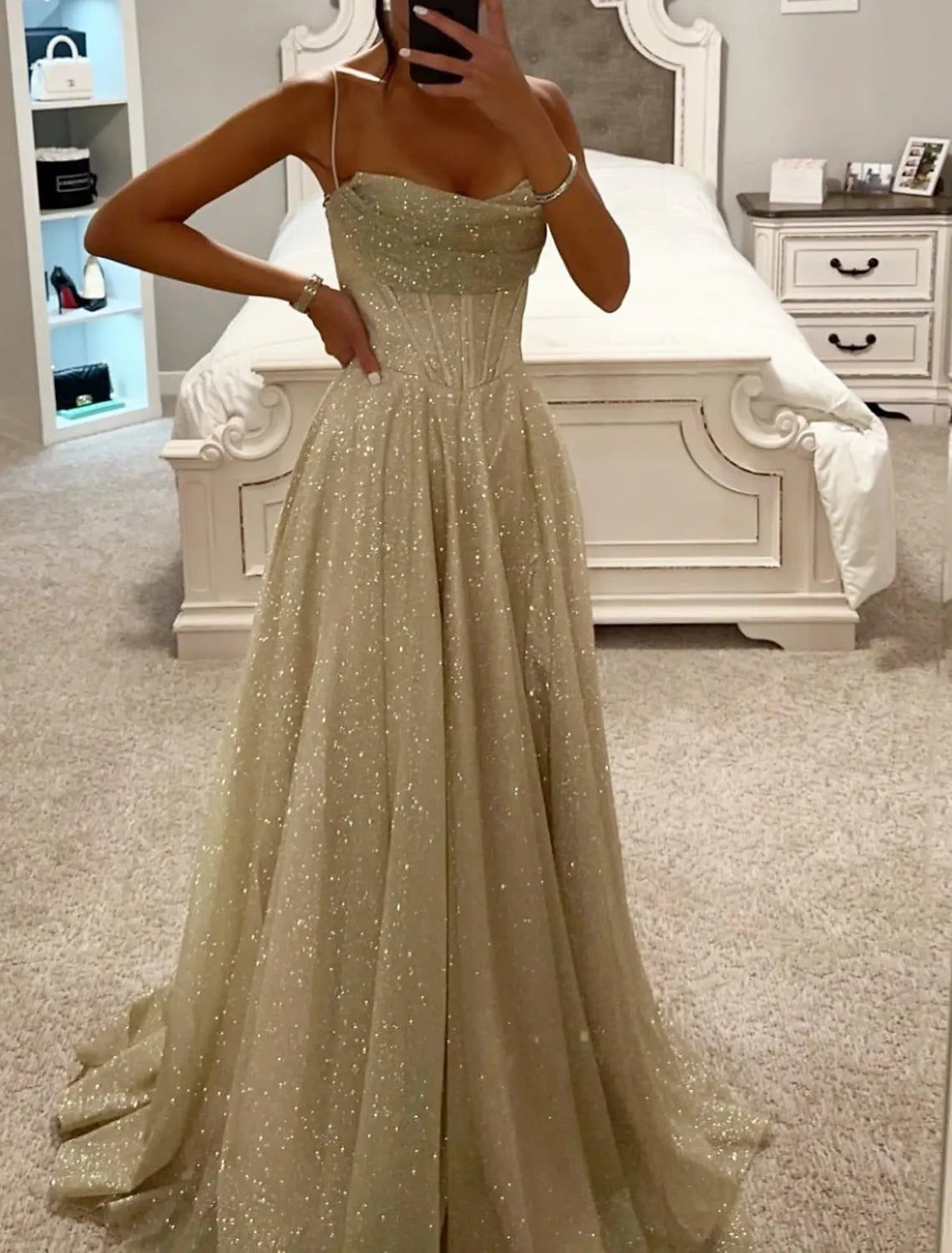 Glamorous A-line Sweetheart Sparkly Elegant Champagne Floor Length Prom Dress For Sale