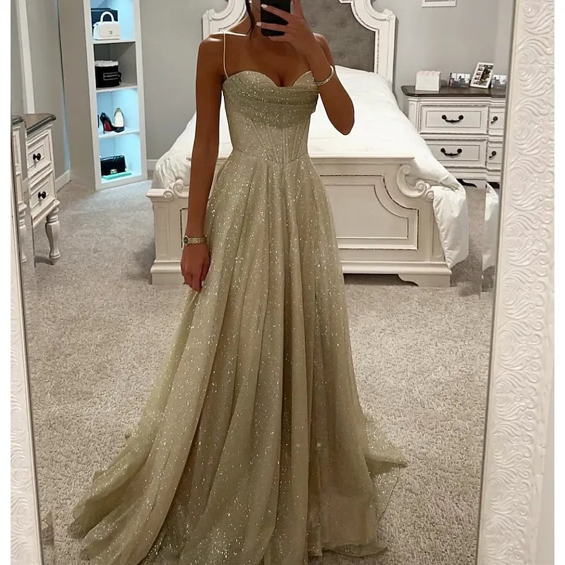 Glamorous A-line Sweetheart Sparkly Elegant Champagne Floor Length Prom Dress For Sale