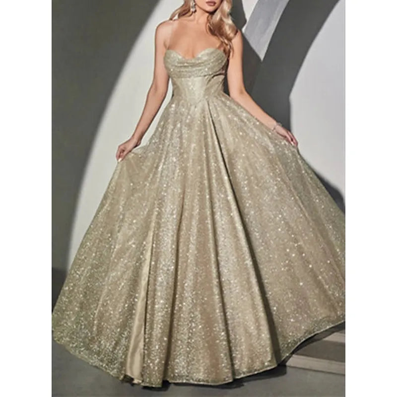 Glamorous A-line Sweetheart Sparkly Elegant Champagne Floor Length Prom Dress For Sale